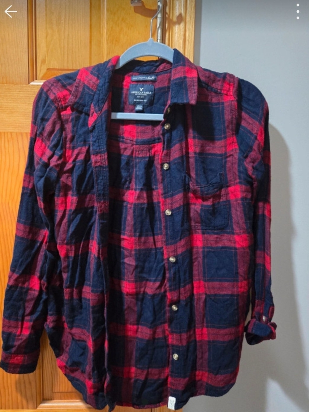 American Eagle Outfitters Red and Navy Plaid Button-Down Shirt